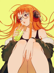  bare_shoulders behind-the-head_headphones black-framed_eyewear collarbone commentary cup disposable_cup drinking drinking_straw eyelashes female fur-trimmed_jacket fur_trim glasses grey_jacket headphones jacket long_hair looking_to_the_side orange_hair persona persona_5 purple_eyes sakura_futaba simple_background sitting solo sumustard yellow_background 