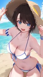  absurdres alternate_costume armband arms_up bare_shoulders beach bikini black_hair blue_eyes blue_sky breasts cleavage cloud cloudy_sky collarbone female halterneck hat highres holding holding_clothes holding_hat hololive horizon looking_at_viewer medium_breasts mikaku navel ocean oozora_subaru open_mouth outdoors seiza short_hair side-tie_bikini_bottom sitting sky smile solo straw_hat string_bikini striped_armband striped_wristband sun_hat swimsuit very_short_hair virtual_youtuber white_bikini wristband 