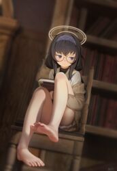  absurdres barefoot black_hair blue_archive blue_eyes blush book bookshelf chair feet female foot_focus glasses halo headband highres long_hair no_shoes round_eyewear sitting soles solo toes ui_(blue_archive) youyueyue 