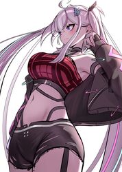  absurdres ahoge aqua_hair arm_strap black_choker black_garter_straps black_jacket black_shorts bra breasts choker closed_mouth crop_top ember_amane female garter_straps grey_hair hair_ornament heart highres jacket large_breasts long_hair midriff mole mole_on_thigh multicolored_hair navel open_clothes open_jacket phase_connect pink_hair plaid plaid_bra purple_eyes red_bra safety_pin shorts sidelocks silva_arts sleeves_past_wrists solo streaked_hair twintails underwear virtual_youtuber 