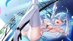  absurdres ahoge arm_strap armpits arms_up ass bare_shoulders blue_eyes blue_hair boots braid breasts bright_pupils clothing_cutout confetti dai_mao_xuan_yi elbow_gloves female garter_straps gloves gradient_hair high_heel_boots high_heels highres knees_up large_breasts leg_up leotard long_hair looking_at_viewer multicolored_hair open_mouth panty_straps pelvic_curtain pole pole_dancing revealing_clothes roslyn_(tower_of_fantasy) see-through side_cutout sideboob sideless_leotard smile solo spaghetti_strap stripper_pole teeth thigh_boots thighhighs thighs tower_of_fantasy underboob underboob_cutout upper_teeth_only white_footwear white_gloves white_hair white_leotard white_thighhighs 