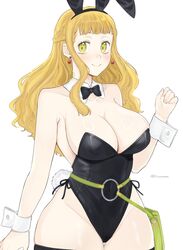  alternate_costume animal_ears black_bow black_bowtie black_clover black_leotard black_thighhighs bow bowtie breasts cleavage covered_navel detached_collar earrings fake_animal_ears fake_tail female green_eyes highres jewelry large_breasts leotard light_brown_hair long_hair mimosa_vermillion o-ring playboy_bunny rabbit_ears rabbit_tail rizaavana simple_background smile solo tail thighhighs white_background wrist_cuffs 