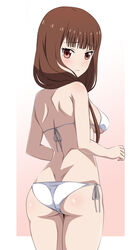  ass bikini border breasts brown_eyes brown_hair closed_mouth cowboy_shot female from_behind highres iino_miko kaguya-sama_wa_kokurasetai_~tensai-tachi_no_renai_zunousen~ light_frown long_hair looking_at_viewer looking_back low_twintails medium_breasts metaminegl side-tie_bikini_bottom solo swimsuit twintails white_bikini white_border 