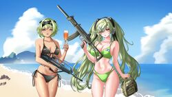  2girls absurdres ahomushi994 assault_rifle bag battlefield_(series) battlefield_3 beach bikini black_bikini breasts bullpup chameleon champagne_flute commentary cup drinking_glass earphones english_commentary girls&#039;_frontline green_bikini green_eyes green_hair gun highres holding holding_bag holding_cup imi_magal iranian_flag israeli_flag kh2002 kh2002_(girls&#039;_frontline) large_breasts long_hair magal_(girls&#039;_frontline) medium_breasts multiple_girls ocean rifle self-upload short_hair swimsuit twintails water weapon yellow_eyes 