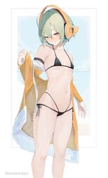  absurdres ahoge bikini black_bikini blush breasts chunithm closed_mouth coat female grey_hair headphones highres kisaragi_yaya navel off_shoulder ribs short_hair side-tie_bikini_bottom sky_feather_(chunithm) small_breasts solo swimsuit thighs 