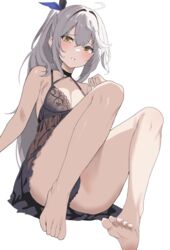  ahoge alien_adviser ass babydoll bare_arms bare_legs bare_shoulders barefoot black_babydoll black_choker black_panties breasts choker counter:side feet female frown gaeun_(counter:side) grey_hair hair_ribbon highres knees_up lace_trim lingerie long_hair looking_at_viewer medium_breasts panties parted_lips ponytail ribbon simple_background soles solo thighs toes underwear very_long_hair white_background yellow_eyes 