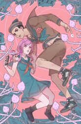  1boy black_hair blue_eyes braid bubble dixie_cup_hat dress female hand_on_another&#039;s_shoulder hat higashikata_josuke_(jojolion) hirose_yasuho holding holding_phone jojo_no_kimyou_na_bouken jojolion midriff_peek military_hat parted_lips phone pink_eyes pink_hair reammara red_background rokakaka sailor sailor_dress shoes sleeveless sneakers tooth_gap tree twin_braids undershirt 