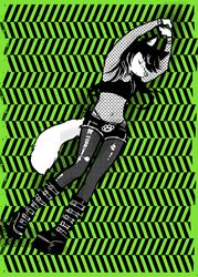  2023 920london abstract_background absurd_res alternative_fashion anthro arms_above_head biped boots brass_knuckles canid canine clothing epilepsy_warning female fishnet_clothing footwear green_theme hana_venom hi_res image_comics mammal melee_weapon midriff official_art pattern_background platform_boots platform_footwear remy_boydell restricted_palette scene_(fashion) simple_background slim_anthro slim_female solo standing tail weapon 