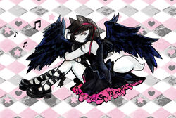  920london abstract_background alternative_fashion anthro biped black_hair black_wings brown_eyes canid canine clothing dress emo female footwear fur hair hana_venom hi_res image_comics mammal musical_note official_art painting_(artwork) remy_boydell scene_haircut shoes sitting slim_anthro slim_female solo tail traditional_media_(artwork) watercolor_(artwork) white_body white_fur wings 