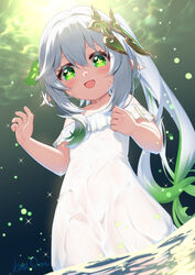  :d alternate_costume bare_shoulders collarbone commentary_request detached_sleeves dress female genshin_impact gradient_hair green_eyes hair_between_eyes hair_ornament halo highres in_water kana_ami leaf_hair_ornament long_hair looking_at_viewer multicolored_hair nahida_(genshin_impact) pointy_ears see-through see-through_dress short_sleeves side_ponytail sidelocks smile solo streaked_hair symbol-shaped_pupils two-tone_hair wet wet_clothes wet_dress white_dress white_hair 