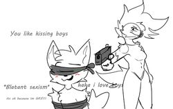  anthro ara_sqawks avian bird blindfold blush boy_kisser_(meme) duo english_text felid feline female gun gunpoint hair homophobia male mammal meme ranged_weapon restrained restrained_arms text weapon 