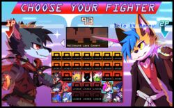  absurd_res anthro black_border black_hair border canid canine chain_sword clothed clothing elemental_creature english_text fighting_game fighting_game_ui fighting_pose firedog firestone fur game_ui gameplay_mechanics grey_body grey_fur hair hi_res luxuria male mammal melee_weapon orange_eyes padded_palms pawpads paws pink_pawpads pose razor_(razim) razor_the_firedog stripes sword tail text weapon 