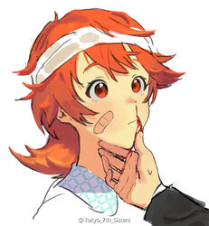  1other bandaged_head bandages bandaid bandaid_on_face blood blood_on_face blood_on_hands blush closed_mouth female injury light_blush nose_blush orange_hair red_eyes rr_(suisse200) short_hair simple_background solo_focus tokyo_7th_sisters upper_body white_background yamai_sawori 