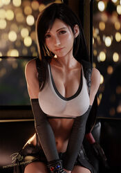  3d artist_name billyhhyb black_hair black_skirt blurry blurry_background breasts cleavage closed_mouth collarbone commentary crop_top elbow_gloves english_commentary female final_fantasy final_fantasy_vii final_fantasy_vii_rebirth final_fantasy_vii_remake fingerless_gloves gloves highres large_breasts lips long_hair looking_at_viewer low-tied_long_hair materia midriff miniskirt navel patreon_username red_eyes sitting skirt solo stomach suspender_skirt suspenders swept_bangs tank_top tifa_lockhart very_long_hair 