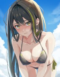  alternate_costume ammo21204760 bikini breasts brown_hair cleavage collarbone covered_nipples cowboy_shot female girls&#039;_frontline leaning_forward long_hair looking_at_viewer m4a1_(girls&#039;_frontline) multicolored_hair side-tie_bikini_bottom sky solo streaked_hair swimsuit 