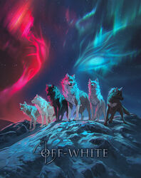  akreon announcement aurora_(phenomenon) blue_eyes blue_hues canid canine canis cosmic_background ears_up european_mythology female feral group hati_(mythology) male mammal mountain mythology norse_mythology off_white red_eyes red_hue skoll_(mythology) sky standing star starry_background starry_sky wolf wolf_pack 