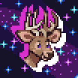  1:1 2022 ambiguous_form ambiguous_gender antlers aseprite_(artwork) brown_body brown_fur brown_nose deer digital_media_(artwork) dyyrlysh eyebrows fur headshot_portrait horn kristoffer_everglade mammal new_world_deer pixel_(artwork) portrait purple_background purple_eyes shaded simple_background smile snout solo sparkles tan_antlers white-tailed_deer 