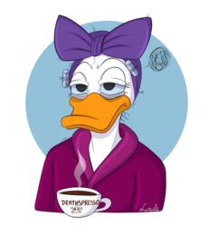  1950s accessory anatid anseriform anthro avian bathrobe beak beverage bird bow_ribbon clothing coffee curlers daisy_duck disney donald_duck_shorts duck exhausted female hair_accessory hair_ribbon hairbow how_to_have_an_accident_at_work lunula_(artist) mother_(lore) parent_(lore) portrait ribbons robe solo tired_expression tired_eyes tired_look tired_of_this_shit towel towel_on_head 