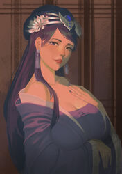  absurdres bare_shoulders blue_eyes blue_hair blue_nails breasts cleavage earrings female flower hair_flower hair_ornament hand_on_own_chest highres indoors jewelry kusuriya_no_hitorigoto large_breasts lee_zue_ky lihua_(kusuriya_no_hitorigoto) long_hair long_sleeves looking_at_viewer parted_lips purple_robe robe shadow solo upper_body white_flower wide_sleeves 