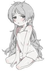  absurdres barefoot between_legs blush dress female flat_chest full_body grey_eyes grey_hair hand_between_legs highres kunoichi_kazuhito_(kuno_kazu) long_hair looking_at_viewer original parted_lips seiza simple_background sitting solo sweat white_background white_dress 