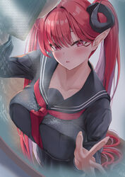  absurdres azur_lane black_horns black_sailor_collar black_serafuku black_shirt black_skirt blush breast_press breasts collarbone commentary cosplay curled_horns demon_girl demon_horns female formidable_(azur_lane) formidable_(azur_lane)_(cosplay) formidable_(the_lover&#039;s_heart_flutters_on_duty)_(azur_lane) highres hindenburg_(azur_lane) horns huge_breasts long_hair looking_at_viewer pointy_ears red_eyes red_hair sailor_collar school_uniform serafuku shirt skirt solo spekkio36 symbol-only_commentary twintails very_long_hair 