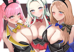  3girls absurdres alternate_breast_size animal_ears asymmetrical_docking black_hairband blonde_hair blue_bow blue_bowtie blue_eyes bow bowtie breast_press breasts bunny_garden cleavage closed_mouth commentary_request cosplay edelgard_von_hresvelg fake_animal_ears fire_emblem fire_emblem:_three_houses hairband hairbow highres hilda_valentine_goneril kana_(bunny_garden) kana_(bunny_garden)_(cosplay) large_breasts long_hair looking_at_viewer low-tied_long_hair mercedes_von_martritz miuka_(bunny_garden) miuka_(bunny_garden)_(cosplay) multiple_girls nontraditional_playboy_bunny one_eye_closed open_mouth pink_bow pink_bowtie pink_eyes pink_hair purple_eyes rabbit_ears red_bow red_bowtie rin_(bunny_garden) rin_(bunny_garden)_(cosplay) smile tara_(szzj7733) v white_hair 