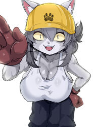  animal_ears animal_nose black_pants breasts cat_ears cat_girl cleavage colored_sclera ears_through_headwear fangs female folded_ponytail furry furry_female genba_neko_(character) genba_neko_(meme) gloves grey_hair hard_hat helmet highres kamen_no_hito large_breasts leaning_forward looking_at_viewer meme no_bra open_mouth pants paw_print shigoto_neko side_ponytail simple_background slit_pupils solo sweat sweatdrop tank_top teeth upper_teeth_only white_background white_tank_top yellow_helmet yellow_sclera 