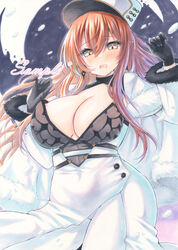  azur_lane black_gloves blush breasts cleavage cleavage_cutout clothing_cutout coat female fur-trimmed_coat fur_trim gloves hair_between_eyes hands_up hat highres large_breasts long_hair looking_at_viewer marker_(medium) peaked_cap purplepencil red_hair solo traditional_media volga_(azur_lane) wavy_mouth white_coat white_hat winter_clothes yellow_eyes 