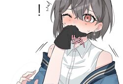  ! 1other bang_dream! bang_dream!_it&#039;s_mygo!!!!! black_gloves blue_jacket brown_eyes collared_shirt commentary_request dress_shirt earrings female gloves grey_hair hand_in_another&#039;s_mouth highres jacket jewelry korean_commentary off_shoulder one_eye_closed open_clothes open_jacket shirt short_hair simple_background sooyo211 sweat takamatsu_tomori white_background white_shirt 