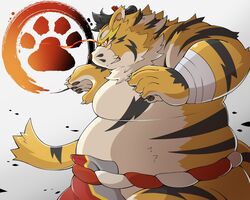  2024 5:4 anthro asian_clothing bandage belly big_belly clothing east_asian_clothing felid hi_res humanoid_hands japanese_clothing kemono male mammal mawashi moobs overweight overweight_male pantherine pomupomu490 raiden_tameemon sengoku_puzzle solo sumo tiger 