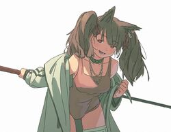  angelina_(arknights) angelina_(summer_flower)_(arknights) animal_ear_piercing animal_ears arknights ass_visible_through_thighs blush breasts bright_pupils brown_hair clenched_hand coat collarbone cowboy_shot extra_ears female fox_ears holding holding_staff infection_monitor_(arknights) jewelry jiankun_yu leaning_forward long_hair looking_at_viewer lower_teeth_only necklace off_shoulder official_alternate_costume one-piece_swimsuit open_clothes open_coat red_eyes red_one-piece_swimsuit simple_background solo staff swimsuit teeth twintails weapon_behind_back white_background white_coat 