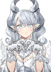  absurdres breasts cleavage demon_girl demon_horns demon_wings detached_collar dress duel_monster earrings female gloves grey_eyes grey_hair heart heart_hands highres horns jewelry large_breasts lovely_labrynth_of_the_silver_castle medium_hair meshida_(lux-far-accelerator) pink_lips pointy_ears simple_background smile solo strapless strapless_dress transparent_wings upper_body white_background white_dress white_gloves wings yu-gi-oh! 