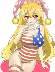  absurdres american_flag_swimsuit breasts clownpiece commentary_request female groin hat highres jester_cap large_breasts looking_at_viewer one-piece_swimsuit open_mouth polka_dot_headwear red_eyes school_swimsuit shirokumall simple_background solo swimsuit thighhighs touhou white_background 