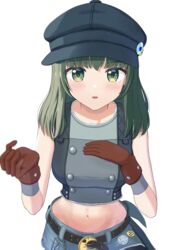  absurdres belt_chain bike_shorts bike_shorts_under_shorts black_hair cabbie_hat crescent_belt_buckle crop_top denim denim_shorts female final_fantasy final_fantasy_vii final_fantasy_vii_remake gloves hand_on_own_chest hat hat_pin highres honda_dousuiyuu kyrie_canaan leaning_forward navel shorts simple_background sleeveless solo stomach 