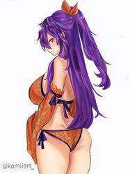  artist_name ass bikini blush bow breasts closed_mouth detached_sleeves eden&#039;s_zero female hairbow half_updo highres homura_kogetsu instagram_logo instagram_username kamiiart large_breasts long_hair looking_at_viewer orange_bikini purple_hair red_eyes swimsuit twitter_logo twitter_username very_long_hair 