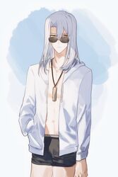  1boy absurdres alternate_costume bad_id bad_lofter_id bare_pectorals bishounen black_male_swimwear blue_background cowboy_shot expressionless facial_mark facial_tattoo grey_hair hair_between_eyes hand_in_pocket harmonica highres hood hooded_jacket instrument jacket jewelry kiryu_kyosuke long_hair looking_at_viewer male_focus male_swimwear naoki_(2rzmcaizerails6) navel necklace open_clothes open_jacket pectorals round_eyewear solo sunglasses tattoo upper_body white_jacket yellow_eyes yu-gi-oh! yu-gi-oh!_5d&#039;s 