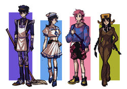  2boys 2girls absurdres black_hair bomber_hat braid crossdressing dixie_cup_hat floral_print genderswap_(ftm) genderswap_(mtf) hat heterochromia higashikata_josuke_(jojolion) highres hirose_yasuho jojo_no_kimyou_na_bouken jojolion maid male_maid mamezuku_rai military_hat multiple_boys multiple_girls nijimura_kei pink_hair ponytail rose_print rule_63 sailor_collar simple_background star_(symbol) swampland 