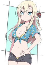  absurdres bikini black_shorts blonde_hair blue_eyes braid breasts cleavage collarbone female hand_on_own_hip high_school_fleet highres long_hair medium_breasts midorima_bocchi navel open_fly shirt short_shorts shorts single_braid solo swimsuit tied_shirt wilhelmina_braunschweig_ingenohl_friedeburg yellow_bikini 