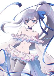  bare_shoulders bikini blue_choker blue_eyes blue_ribbon breasts choker collarbone cowboy_shot double_popsicle earrings fate/grand_order fate_(series) female frilled_bikini frills hair_ribbon highres jewelry long_hair long_sleeves looking_at_viewer meltryllis_(fate) meltryllis_(swimsuit_lancer)_(fate) meltryllis_(swimsuit_lancer)_(third_ascension)_(fate) off-shoulder_bikini off-shoulder_one-piece_swimsuit off_shoulder one-piece_swimsuit prosthesis prosthetic_leg purple_hair ribbon side_ponytail sleeves_past_fingers sleeves_past_wrists small_breasts solo swimsuit very_long_hair white_bikini yamuimo 