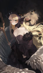  absurdres ambrosia_(dungeon_meshi) animal bare_shoulders black_dress blurry blurry_foreground breasts bright_pupils cleavage collarbone depth_of_field detached_sleeves dress dungeon_meshi female frilled_dress frills fur_trim green_eyes head_hold highres holding holding_staff lace_trim lion long_dress long_hair long_sleeves marcille_donato pointy_ears shuohis solo_focus staff strapless very_long_hair white_pupils yellow_eyes 