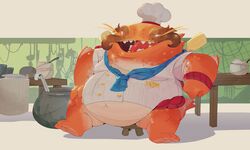  absurd_res anthro belly big_belly catfish chef_hat clothed clothed_anthro clothed_male clothing feet fish hat headgear headwear hi_res huge_belly league_of_legends male male_anthro marine obese obese_anthro obese_male orange_body overweight overweight_anthro overweight_male riisago riot_games solo tahm_kench_(lol) teeth tencent toes tongue 