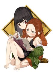  2girls @_@ adashino_oto aged_down bare_shoulders barefoot black_hair blush book bright_pupils brown_eyes brown_hair collarbone commentary_request feet flat_chest green_jacket holding holding_book jacket kaii_to_otome_to_kamikakushi legs medium_hair mole mole_under_eye multiple_girls ogawa_sumireko open_mouth red_eyes second-party_source short_eyebrows sidelocks simple_background sitting spread_toes thick_eyebrows toenails toes white_background white_pupils yamamoto_souichirou 