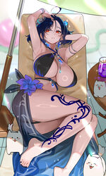  absurdres ahoge arm_behind_head armpits bare_shoulders barefoot beach_chair bikini black_bikini blue_hair breasts canine criss-cross_halter demon_horns earrings female fingernails flower foot_out_of_frame full_body halterneck highres horns indie_virtual_youtuber jewelry large_breasts leg_tattoo long_fingernails nail_polish nia_(nia4294) oumiya_emma red_eyes second-party_source solo_focus sparkle swimsuit tattoo toenail_polish toenails toes virtual_youtuber 