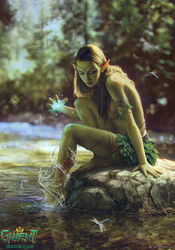  akreon barefoot blood breasts brown_hair cd_projekt_red colored_skin dryad elf female green_skin gwent_(game) hair_ornament hydrokinesis injury long_hair magic nature official_art plant_clothing pointy_ears river skirt solo the_witcher_(series) thigh_strap topless water 