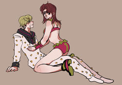  1boy bridal_gauntlets brown_hair cowgirl_position female green_hair hair_ornament hairclip higashikata_jobin higashikata_mitsuba highres hood hoodie husband_and_wife jojo_no_kimyou_na_bouken jojolion looking_back pointy_nose spikes stone_nose straddling swampland underwear 