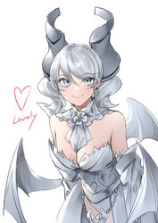  absurdres bare_shoulders breasts cleavage cowboy_shot demon_girl demon_horns demon_wings dress duel_monster female grey_eyes grey_hair heart highres horns large_breasts lovely_labrynth_of_the_silver_castle medium_hair meshida_(lux-far-accelerator) simple_background smile solo strapless strapless_dress twintails white_background white_dress wings yu-gi-oh! 