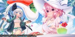  2girls ahoge alternate_costume bikini black_hairband blue_eyes blue_sky blush breasts cleavage cloud commentary_request copyright_name copyright_notice grey_hair hair_between_eyes hairband hat jewelry ko_yu konpaku_youmu konpaku_youmu_(sunny_dual-wielder) large_breasts multiple_girls necklace official_art outdoors palm_tree pink_hair saigyouji_yuyuko saigyouji_yuyuko_(seamless_swimsuit_ghost) short_hair sky swimsuit touhou touhou_lostword tree white_bikini white_hat 