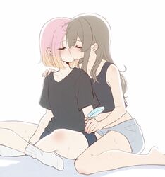  2girls bare_arms barefoot black_shirt black_shorts black_tank_top blush brown_hair closed_eyes d4dj food gradient_hair grey_shorts highres holding holding_food holding_popsicle inuyose_shinobu kissing long_hair multicolored_hair multiple_girls orange_hair pink_hair popsicle royyy999 shirt short_hair short_sleeves shorts simple_background sitting sweat tank_top white_background white_shirt yamate_kyouko yuri 