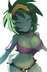  arms_at_sides backlighting black_shorts breasts cleavage closed_eyes colored_skin cowboy_shot crop_top earrings facing_viewer female green_hair green_skin grin hairband highres jaibus jewelry medium_breasts medium_hair midriff navel purple_tank_top rottytops shantae_(series) short_shorts shorts simple_background skull_belt skull_earrings smile solo stitches stomach strap_slip tank_top thigh_gap undead white_background yellow_hairband zombie 