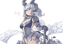  absurdres armor breasts character_name cleavage cowboy_shot demon_girl demon_horns demon_wings drill_hair duel_monster earrings female gauntlets grey_eyes grey_hair highres holding holding_sword holding_weapon horns jewelry lady_labrynth_of_the_silver_castle large_breasts leotard lovely_labrynth_of_the_silver_castle medium_hair meshida_(lux-far-accelerator) pointy_ears sideless_outfit simple_background solo sword transparent_wings twin_drills weapon white_background white_leotard wings yu-gi-oh! 